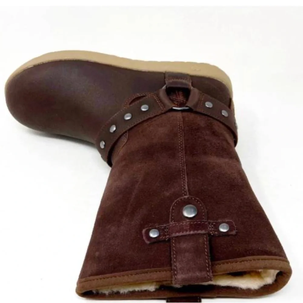 Ugg moto short chocolate brown kids girls winter suede fur boots 1013863 size 4Y